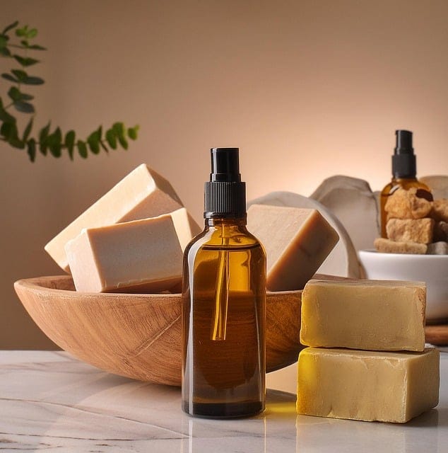This image shows aromatherapy items such as essential oils and soaps that can be added to a Bali-style bathroom.