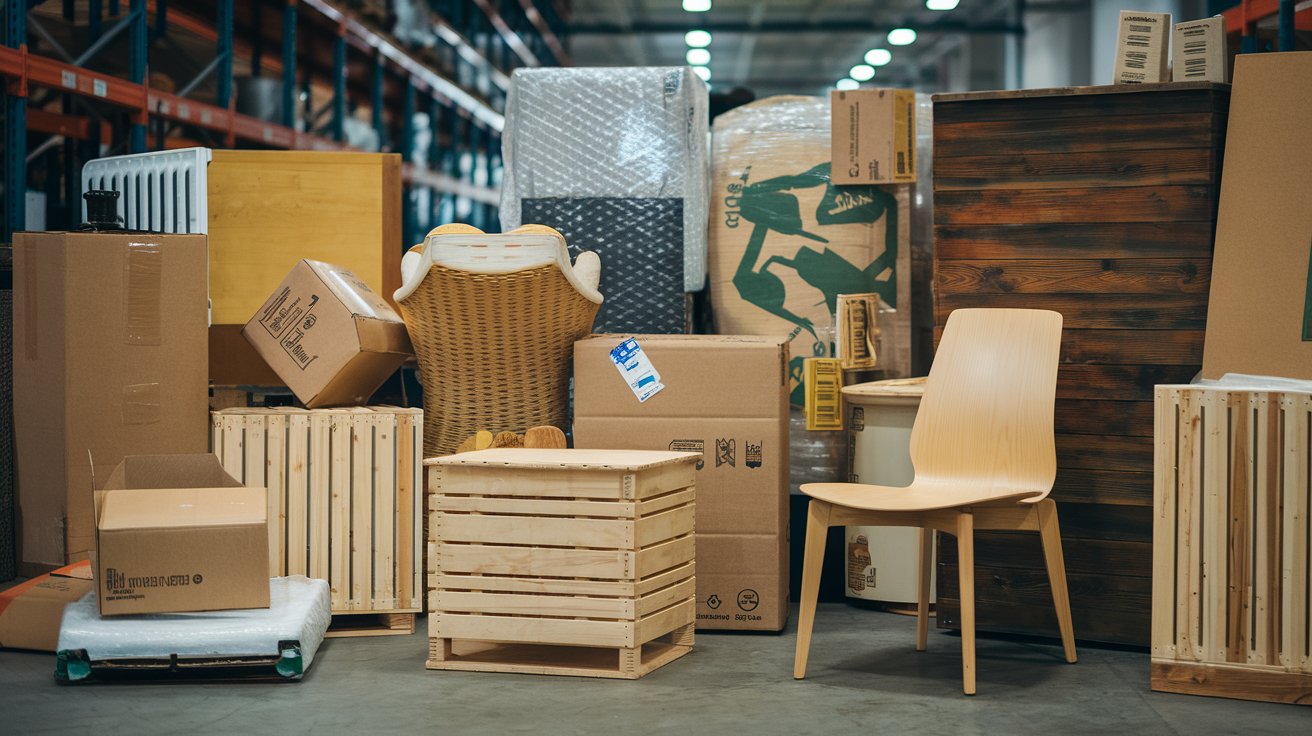 This image shows a variety of eco friendly packaging materials used to ship products in the sustainable furniture industry.