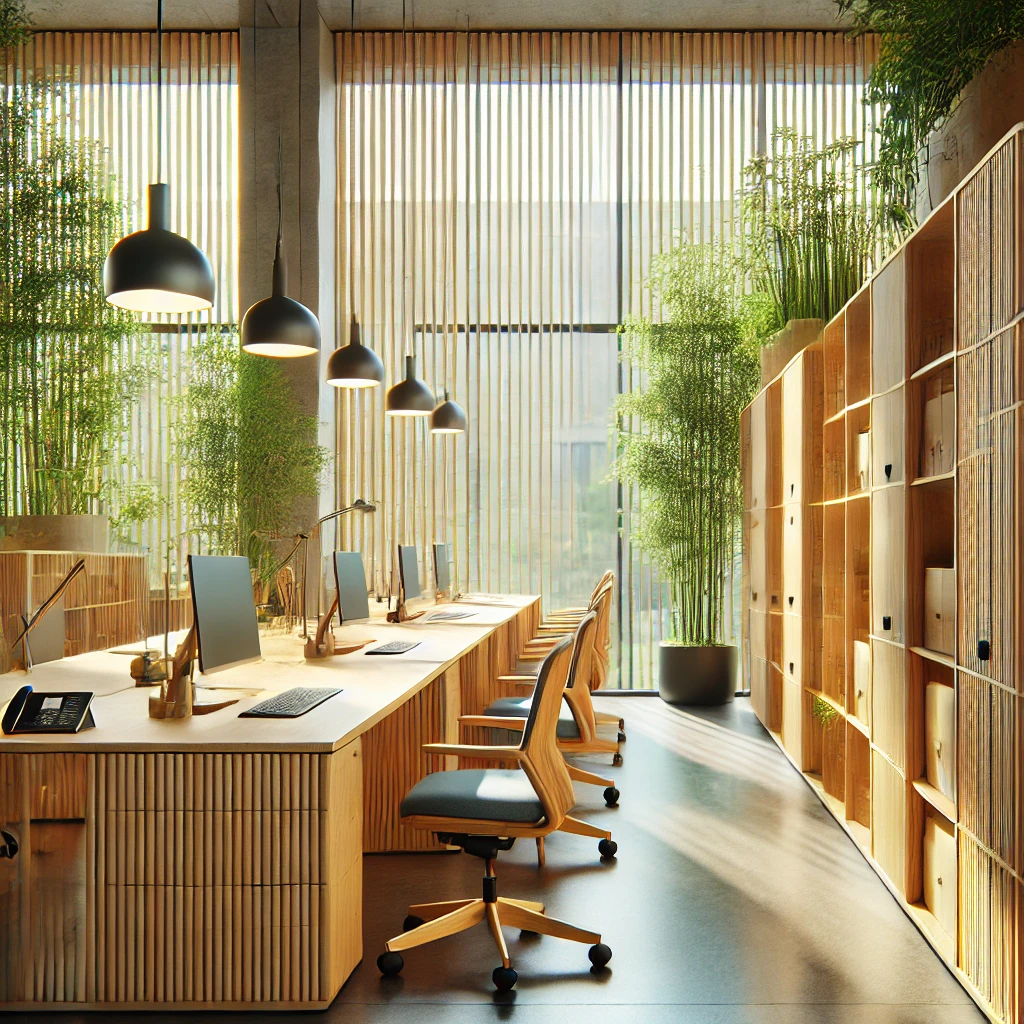 This image shows a workspace that consists of several rolling chairs and a wooden workspace table with several computers on it. The furniture is made from sustainable wood, thus representing the benefits of circular economy.