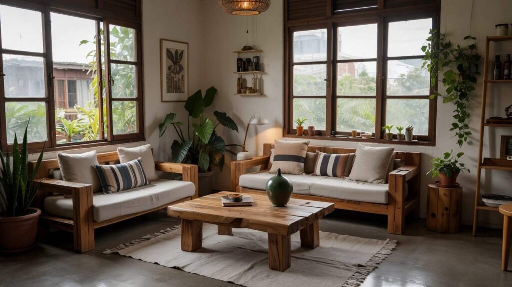 This image shows a living room in an urban home that has 2 sustainable wood crafted couches in addition to a wooden coffee table.