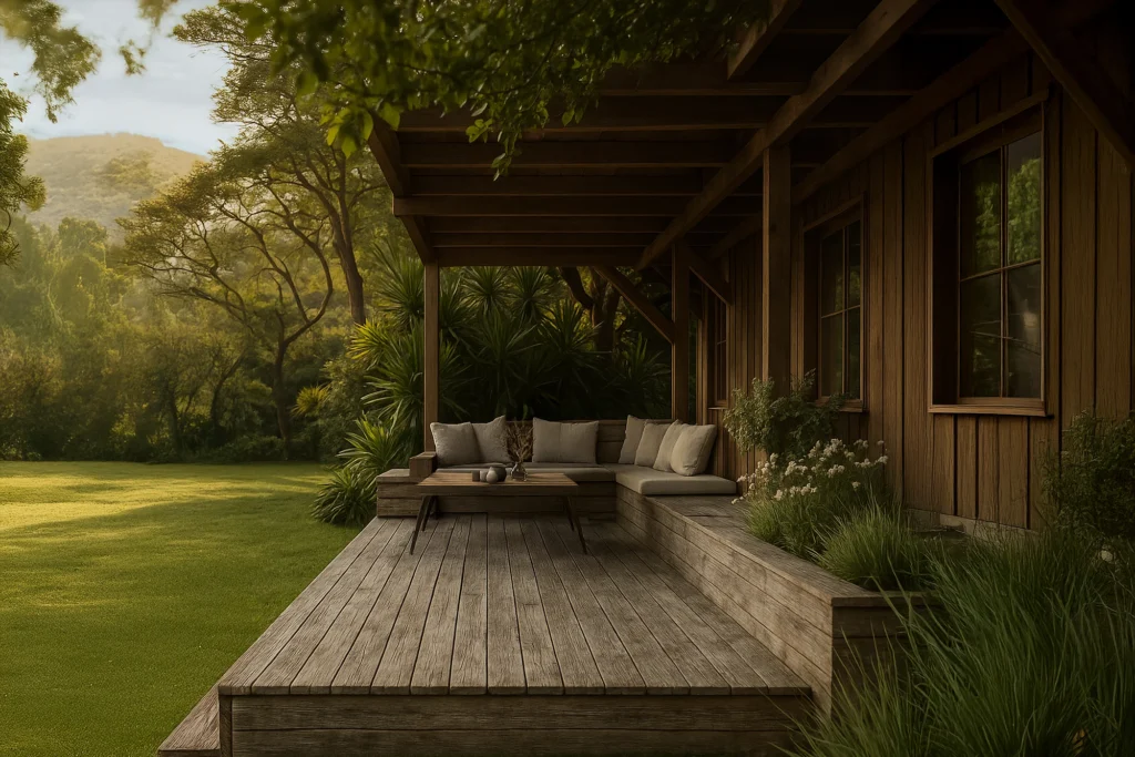 Aged reclaimed teak deck with natural silver patina in a tropical outdoor setting