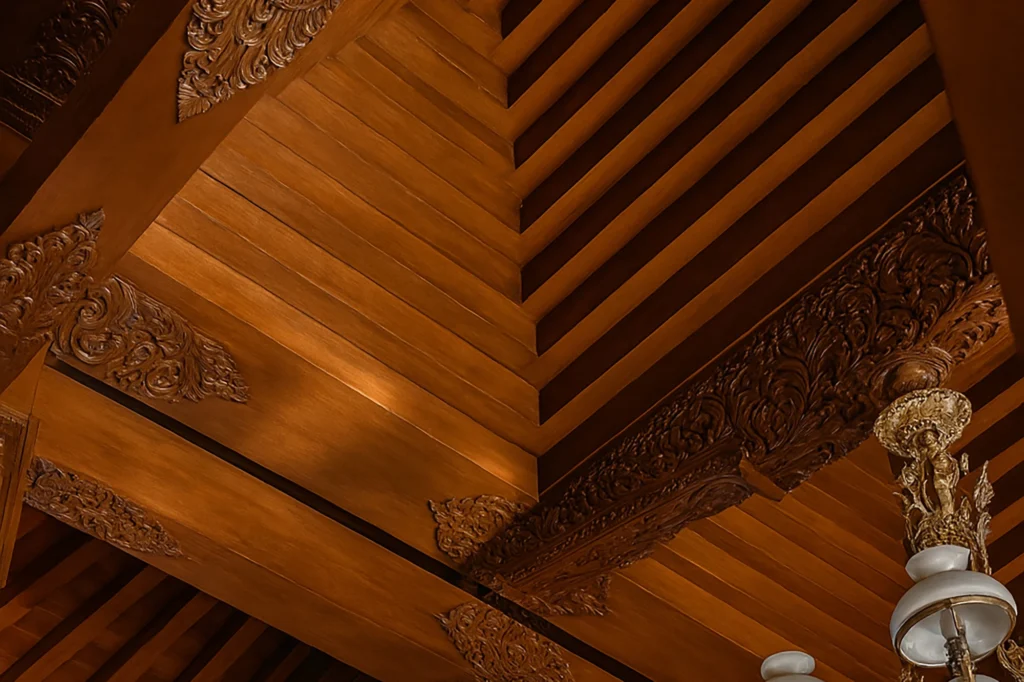 Aged teak beams reclaimed from a traditional Javanese joglo house