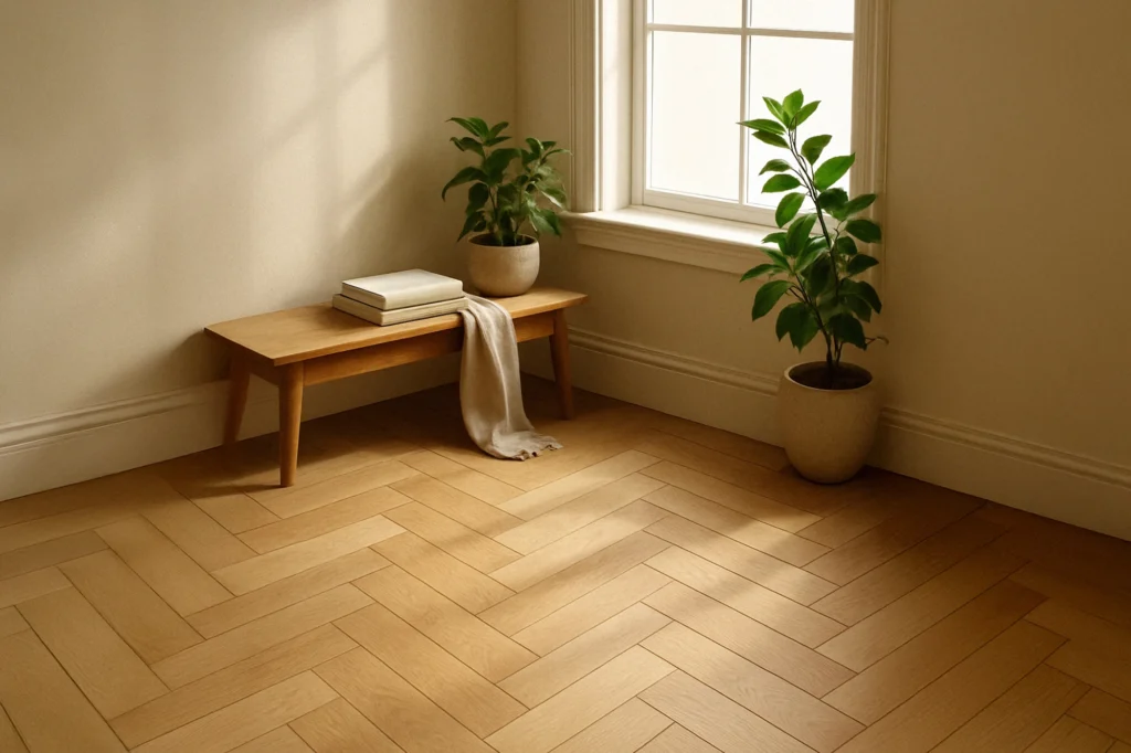 Living room interior featuring reclaimed teak flooring from Nusantara Lifestyle