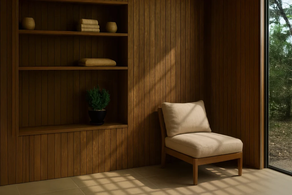 Reclaimed teak wall cladding from Nusantara Lifestyle adds warmth and texture