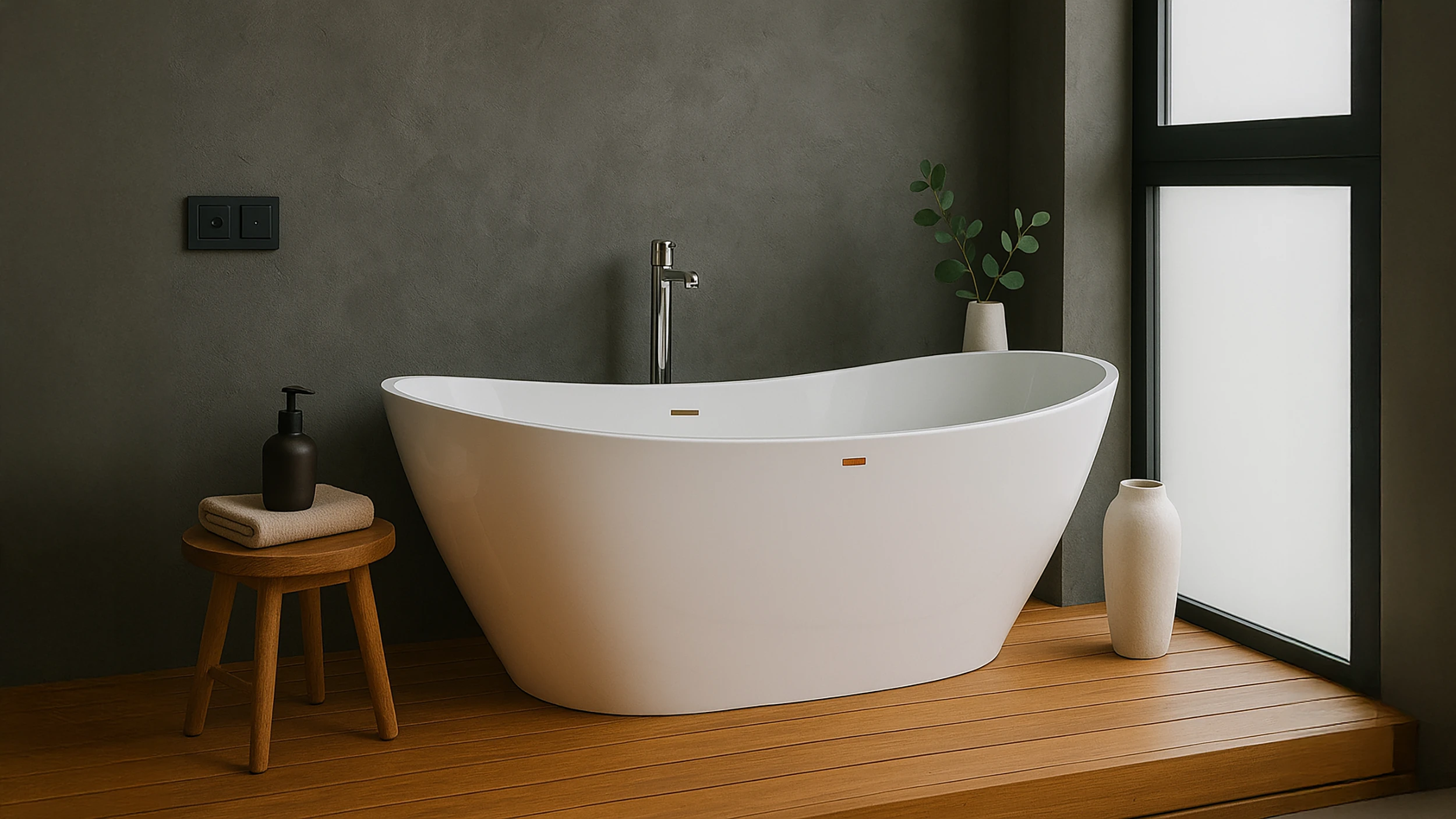 bali-style-bathroom This is an image of a Balinese villa style bathroom that shows central bath tub, soft natural color palette, a plant in the corner and soft lighting that makes for a perfect balance for the interior design.