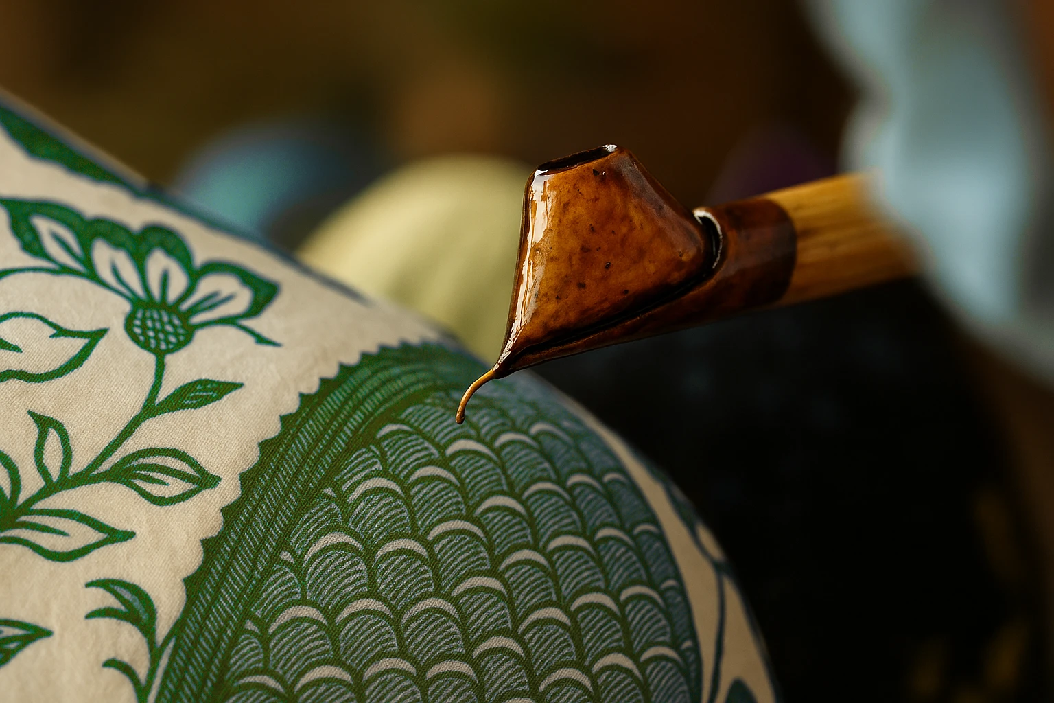 indonesian-batik-in-the-making-3 This image shows a close up shot of the wax process that shows a beautiful green pattern that fits great for Indonesian interior design compliments.