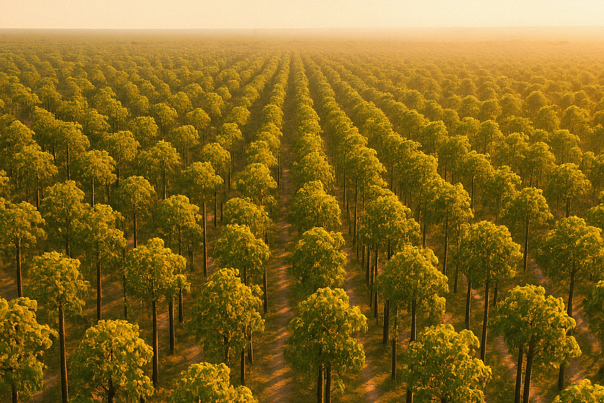 Monoculture teak plantation with rows of identical young trees.