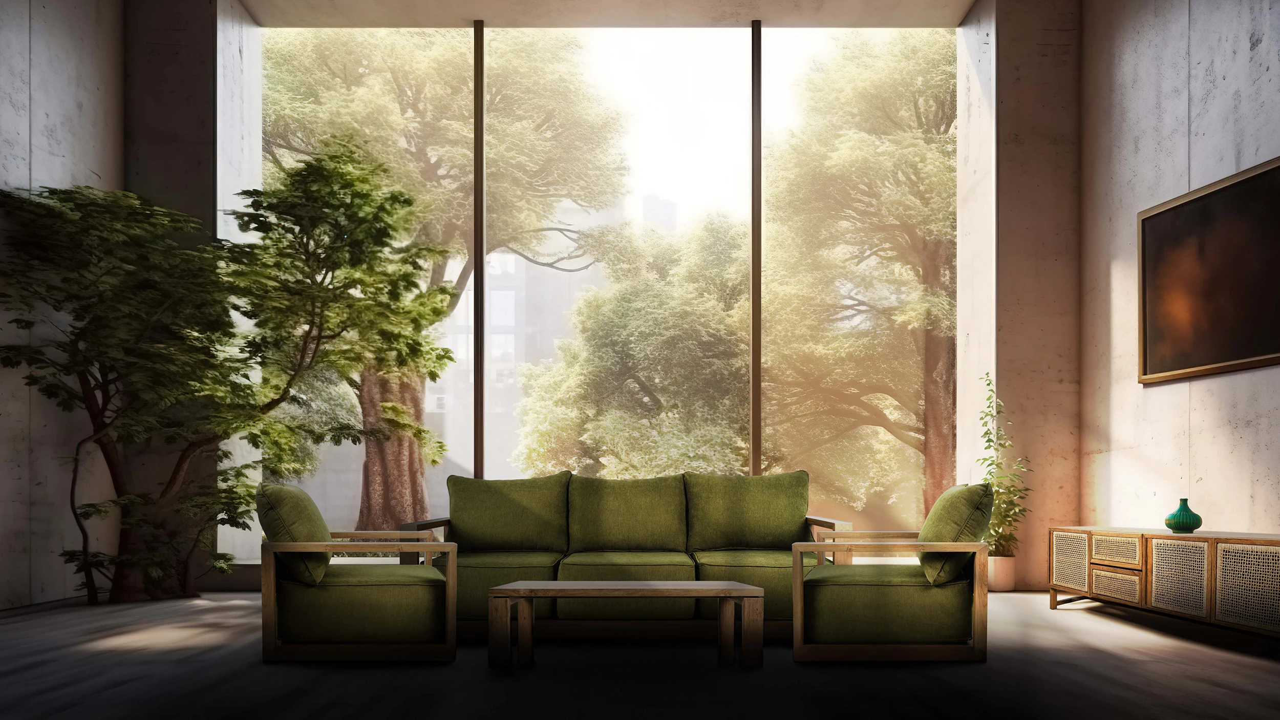 timber-house-interior-with-sustainable-reclaimed-teak-furniture-and-modern-design This image shows a living room in a modern luxury property that has recycled teak sustainable furniture in use for the couch and coffee table. The walls are timber and there's a very modern but cozy feel to the design.