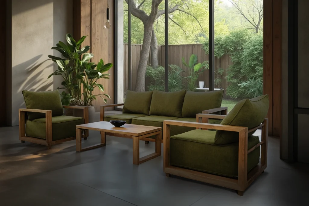 A handcrafted cabinet and sofa made from reclaimed joglo teakwood by Nusantara Lifestyle.