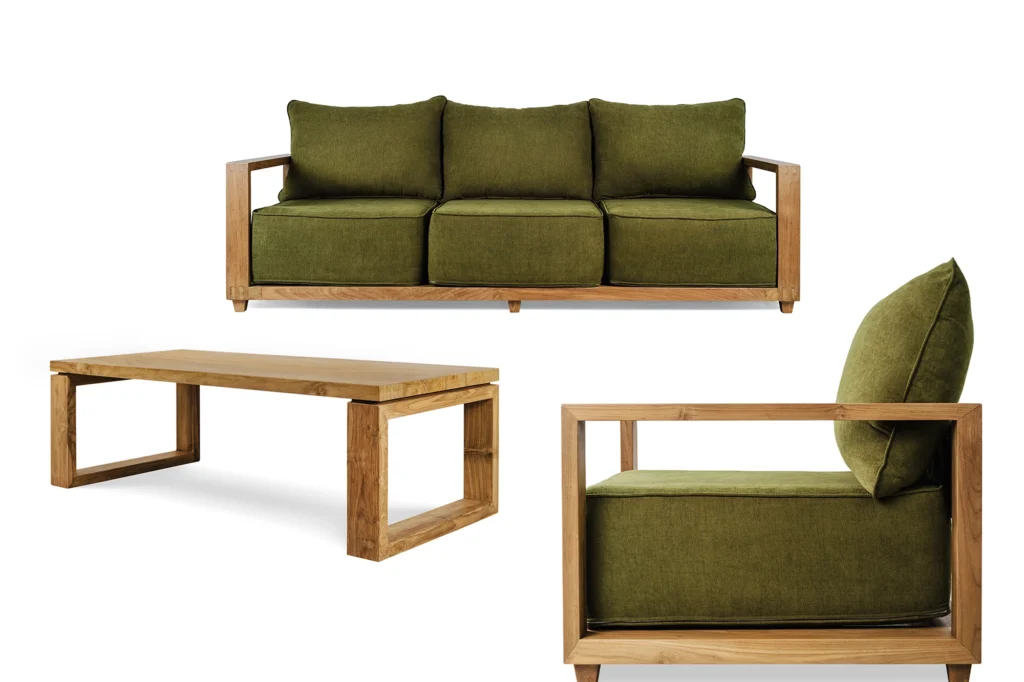 Reclaimed teak furniture with recycled fabric and cushions filled with natural latex from Nusantara Lifestyle.