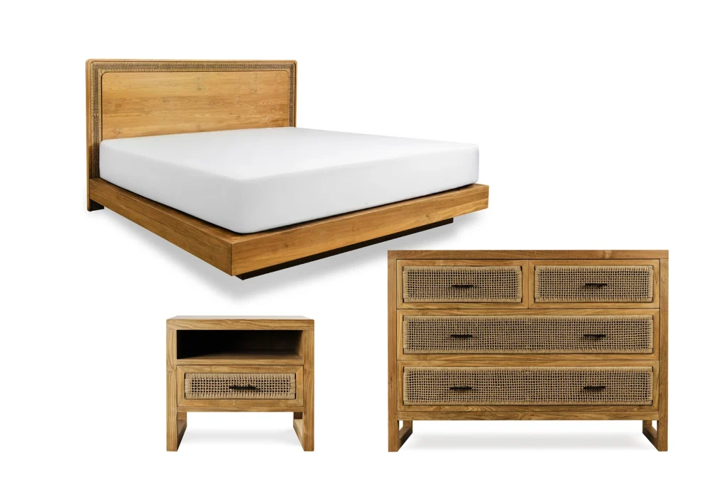 Reclaimed teak bed head and frame, bedside table, and set of drawers featuring natural rope accents from Nusantara Lifestyle.