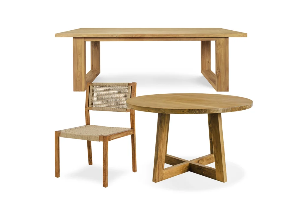 Reclaimed teak round dining table, chair with natural rope accent, and long dining table from Nusantara Lifestyle.