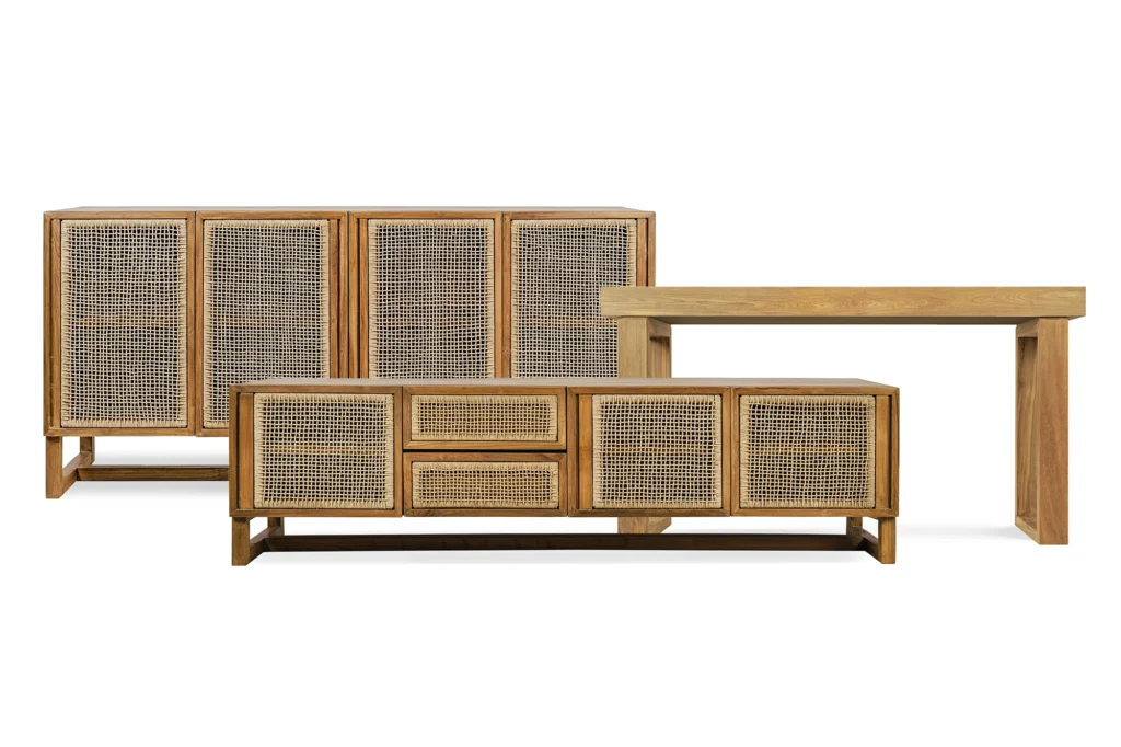 Reclaimed teak TV cabinet, sideboard and console table featuring natural rope accents from Nusantara Lifestyle.