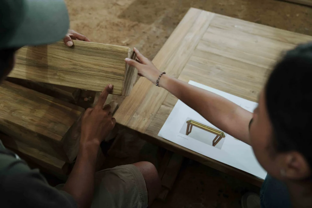 Another detailed view of reclaimed teak showing natural texture but this time in the workshop