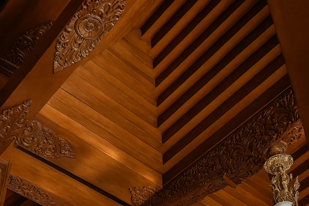 Thick teak beams showing rich grain and ornate carving typical of joglo homes and structures in Central Java.