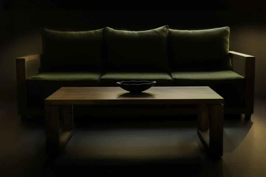 Living room with Alami reclaimed teak coffee table in Colourless stain, styled with neutral decor.