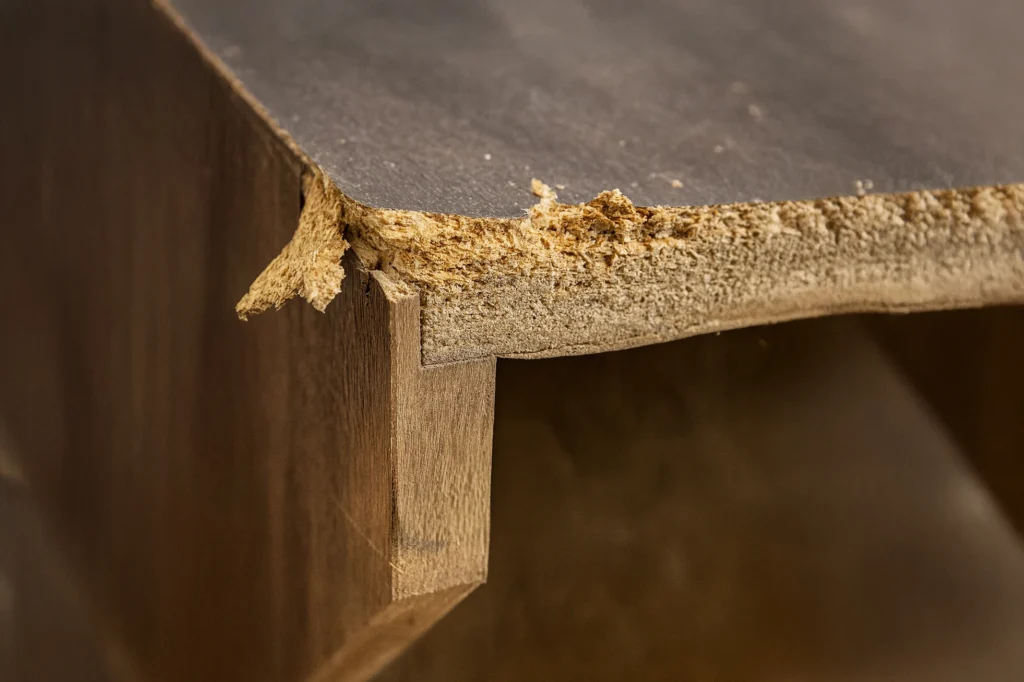 Damaged chipboard furniture showing swollen particleboard after water exposure.