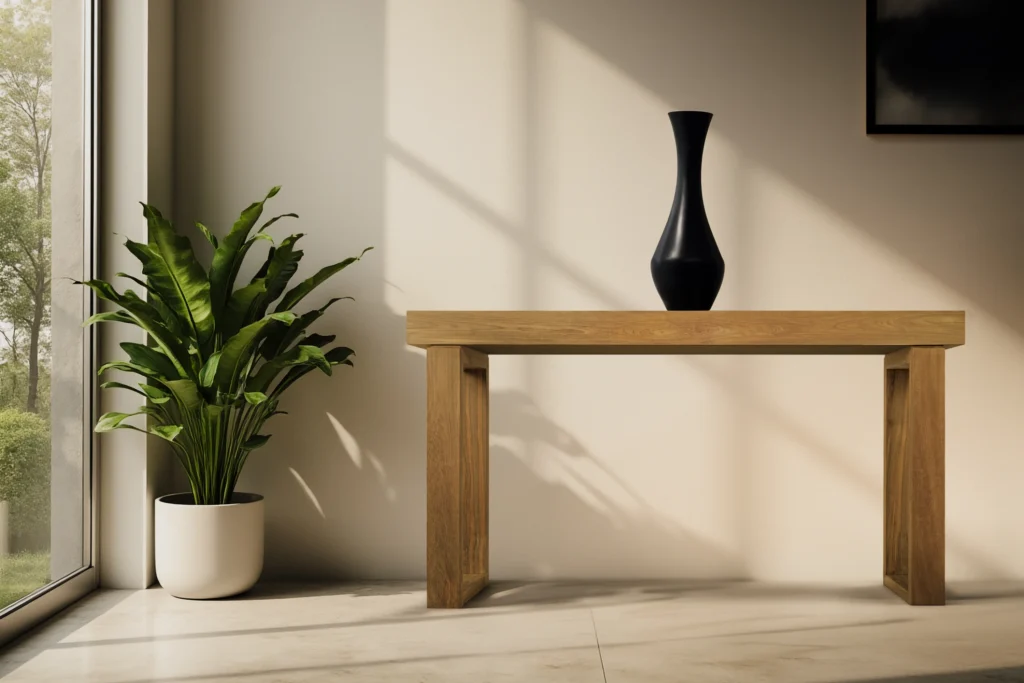 Entryway featuring Alami reclaimed teak Console Table in Dark Walnut finish from Nusantara Lifestyle with simple styling.