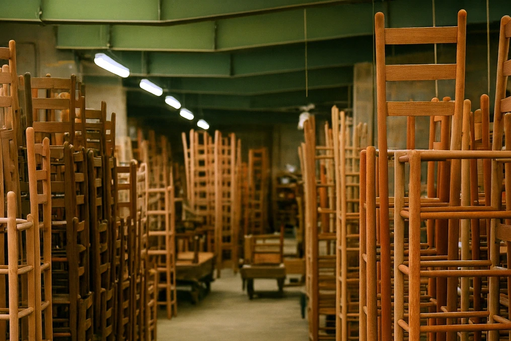 Large-scale furniture manufacturing facility producing identical flat-pack units.