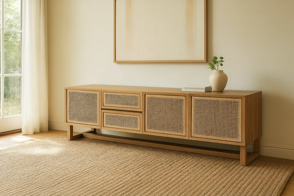 Dining room with Alami dining table in Walnut finish and minimalist upholstered chairs.