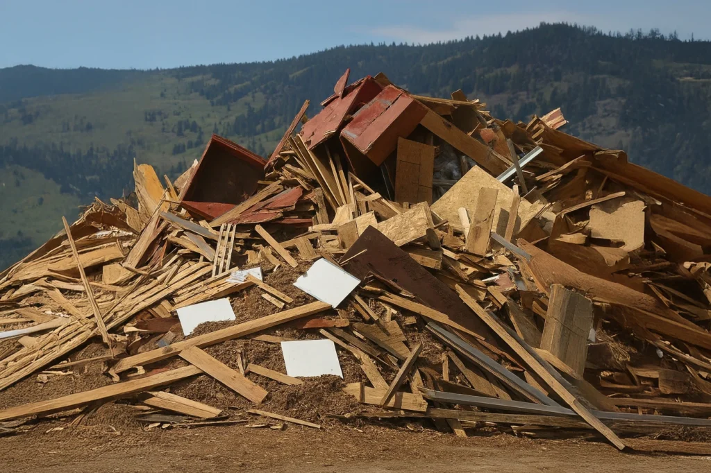 Landfill filled with MDF and chipboard offcuts from discarded furniture.