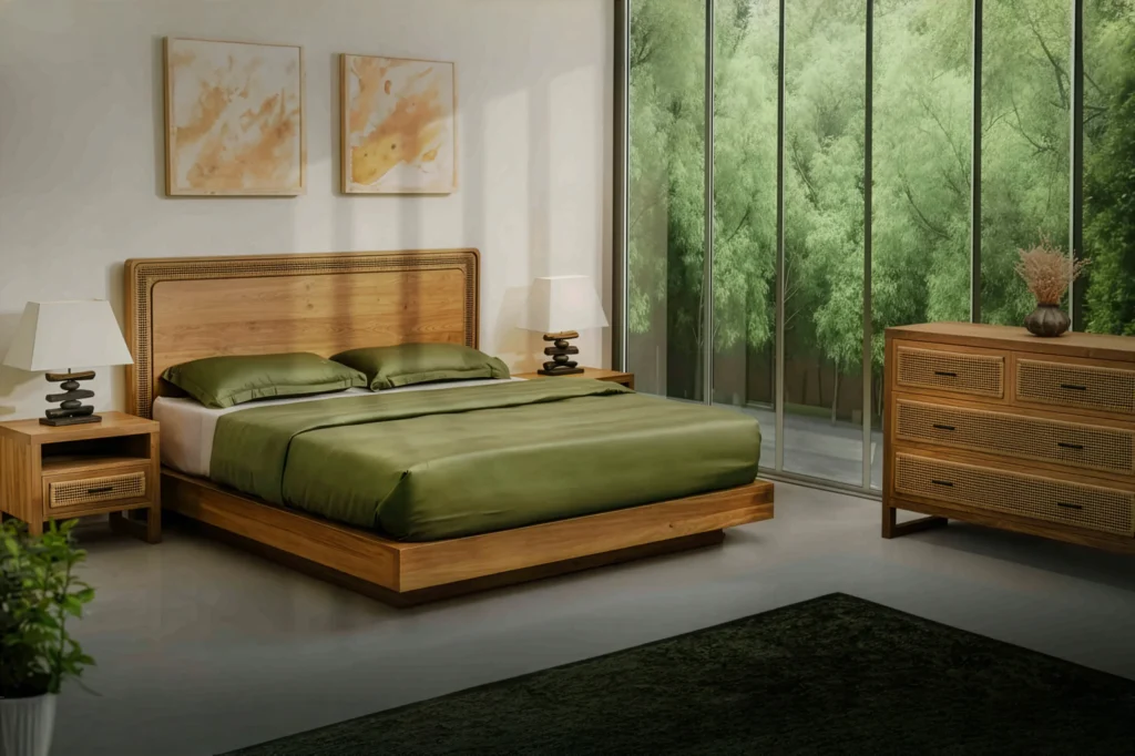 Reclaimed teak bedframe, sidetables and drawers from Nusantara Lifestyle inside a tropical home.