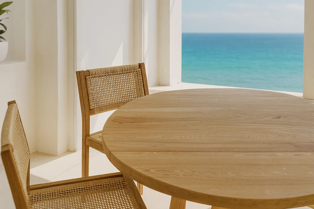 Reclaimed teak dining furniture from Nusantara Lifestyle styled in a breezy seaside home, designed to withstand humidity and salt air.