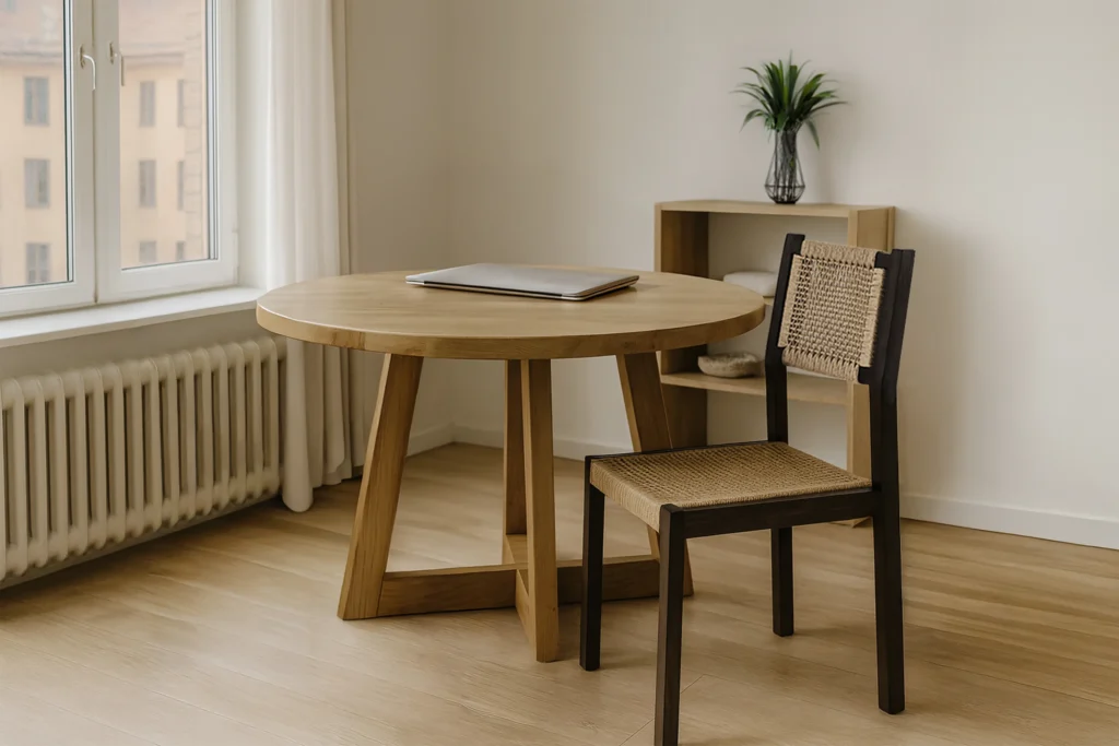 Reclaimed teak dining table from Nusantara Lifestyle doubling as a work desk in a compact studio apartment