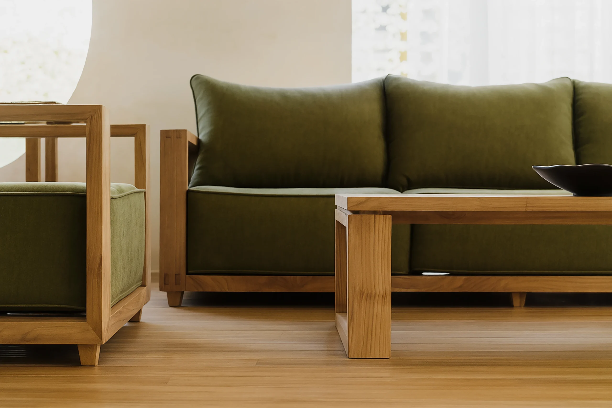 Reclaimed teak indoor furniture from Nusantara Lifestyle styled in a modern tropical home interior.