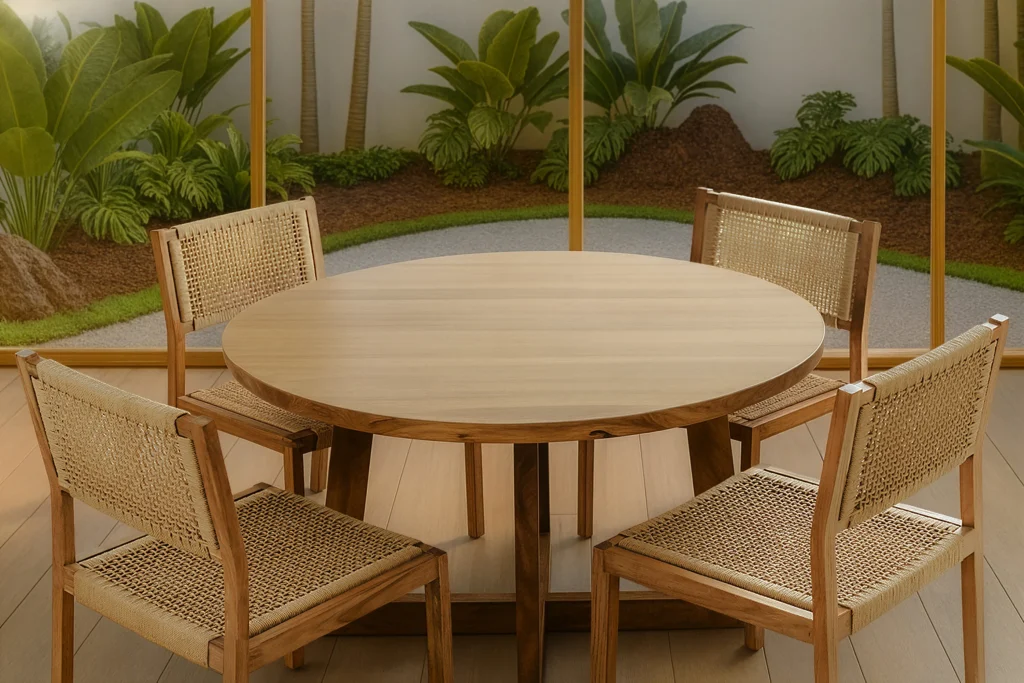 Bright modern tropical interior with sustainable furniture from Nusantara Lifestyle and indoor-outdoor connection.