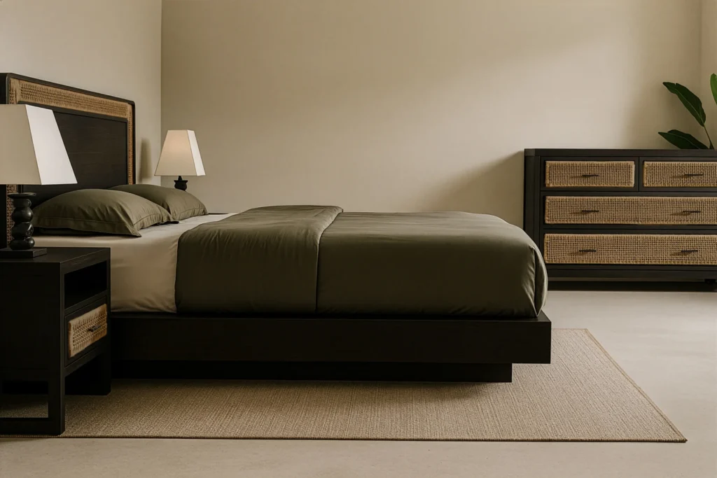 A contemporary bedroom furnished with reclaimed teak pieces from Nusantara Lifestyle, showcasing natural wood textures, minimalist design, and calming neutral tones with subtle tropical elements.