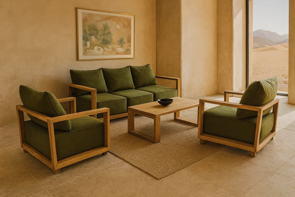 Reclaimed teak furniture from Nusantara Lifestyle styled in a modern desert home interior, showcasing natural tones and durability in dry climates.