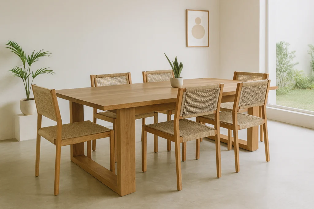 Modern apartment interior featuring reclaimed teak dining table from Nusantara Lifestyle with rich patina