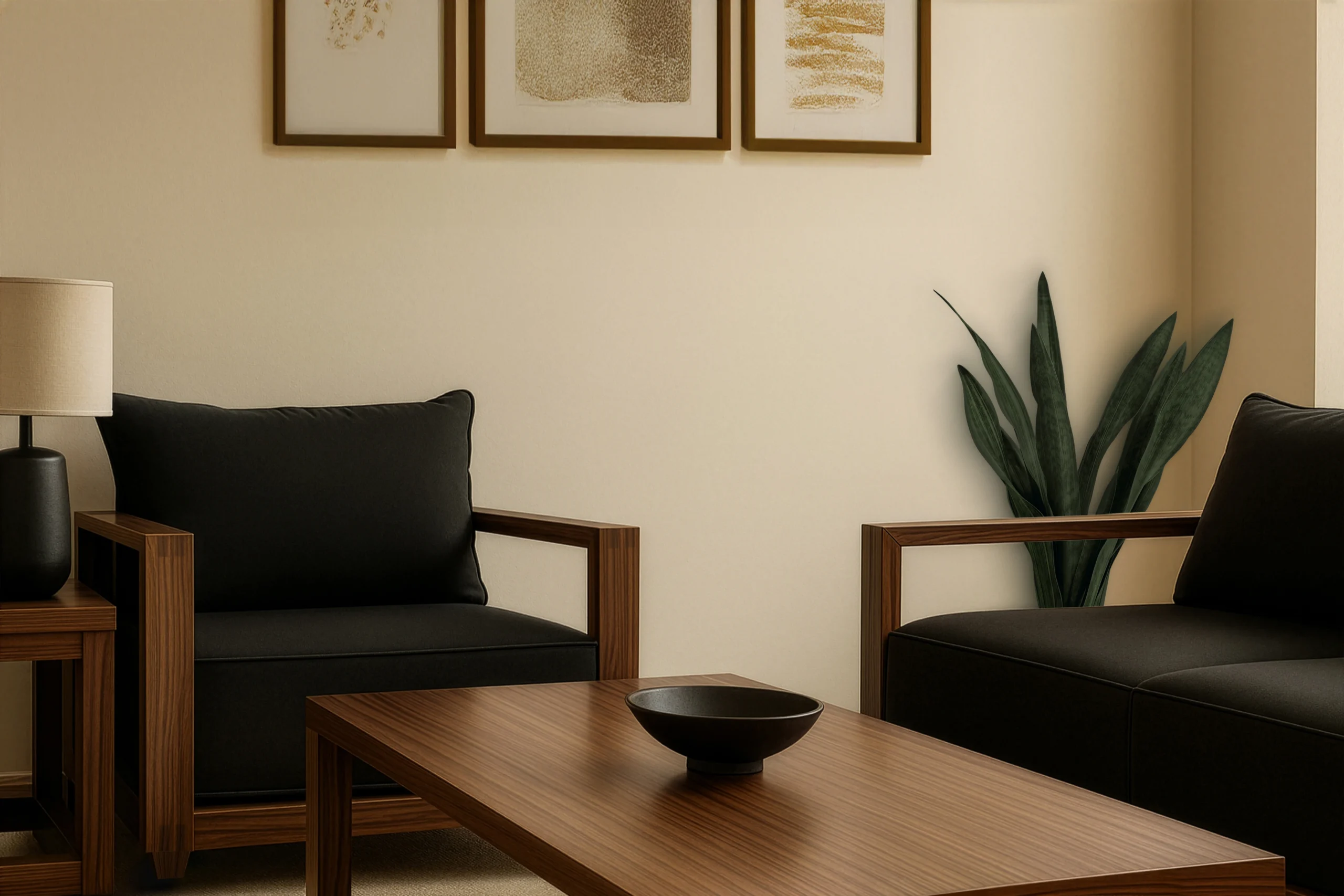 A modern living room featuring reclaimed teak furniture from Nusantara Lifestyle, styled with darker wood tones, minimalist Japanese-inspired design, and a black-and-cream colour palette.