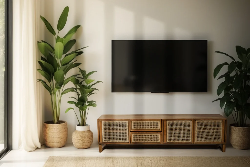 The grain and tone of reclaimed teak furniture from Nusantara Lifestyle help visually anchor living and dining areas without walls or partitions