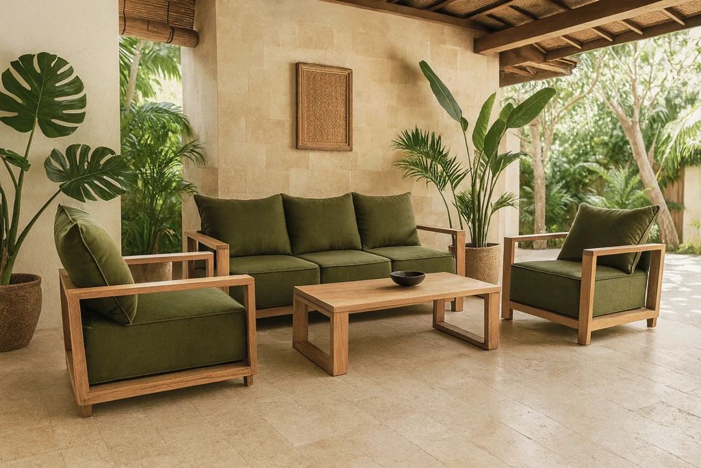 Tropical modern living room styled with reclaimed teak furniture from Nusantara Lifestyle
