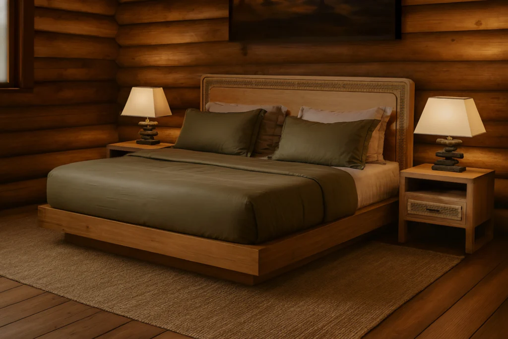Reclaimed teak bedroom furniture from Nusantara Lifestyle styled in a cozy alpine cabin with soft lighting and layered textures.