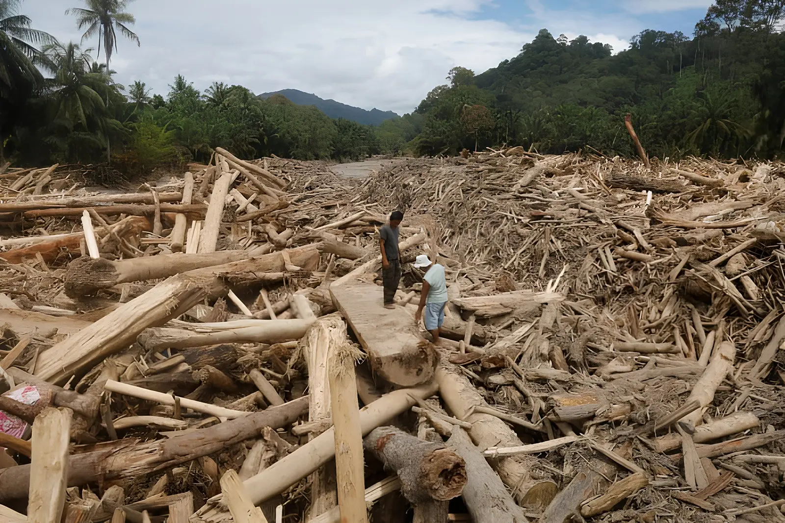 Severe flooding in Sumatra with uprooted trees and debris showing clear signs of deforestation impact. Nusantara Lifestyles reclaimed teak furniture requires no new trees to be cut down