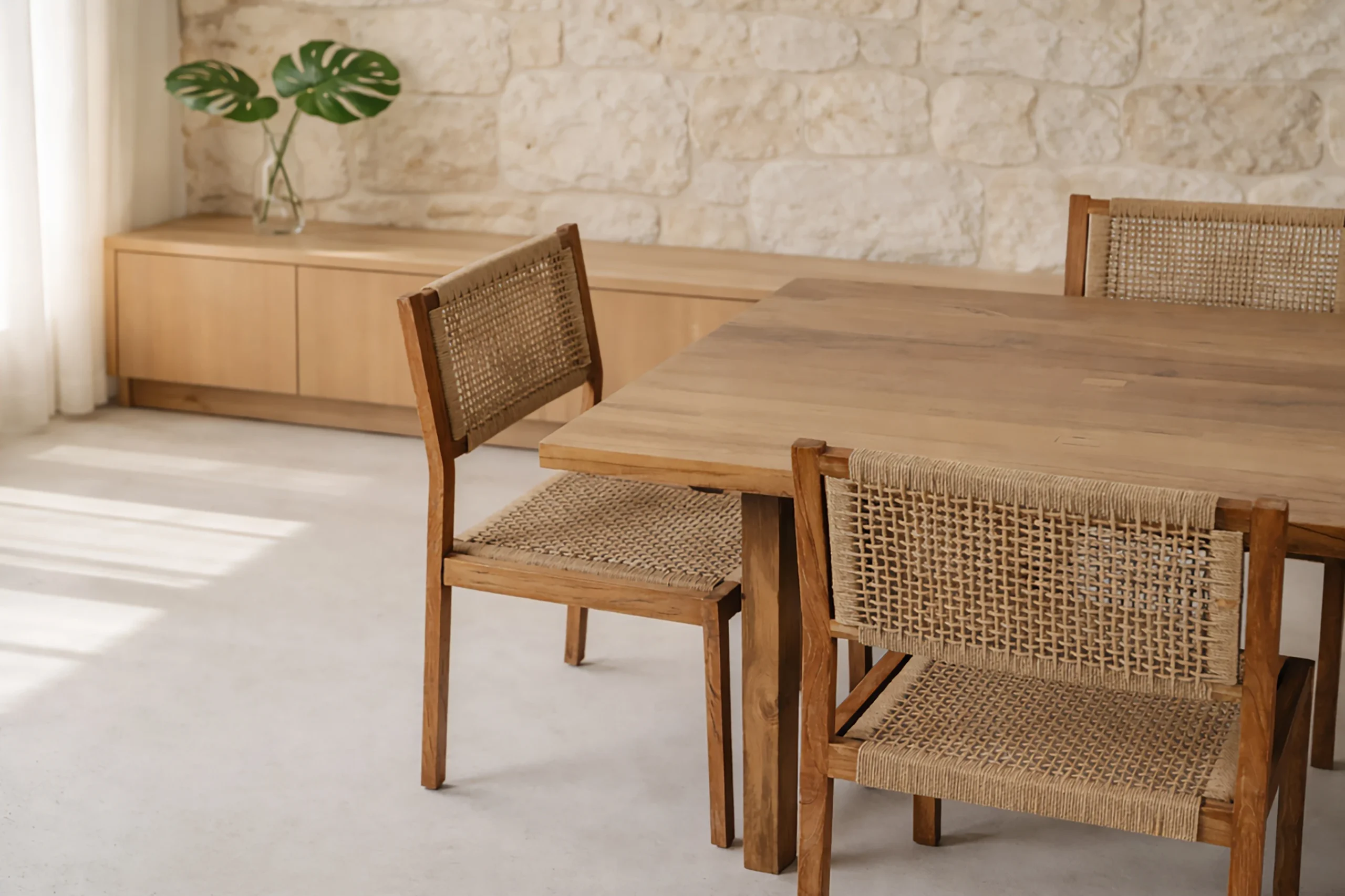 calm-lived-in-modern-dining-room-interior-featuring-alami-round-dining-table-and-chairs-natural-light-minimal-styling A timeless modern interior featuring reclaimed teak furniture from Nusantara Lifestyle, designed to last decades rather than follow short-lived trends