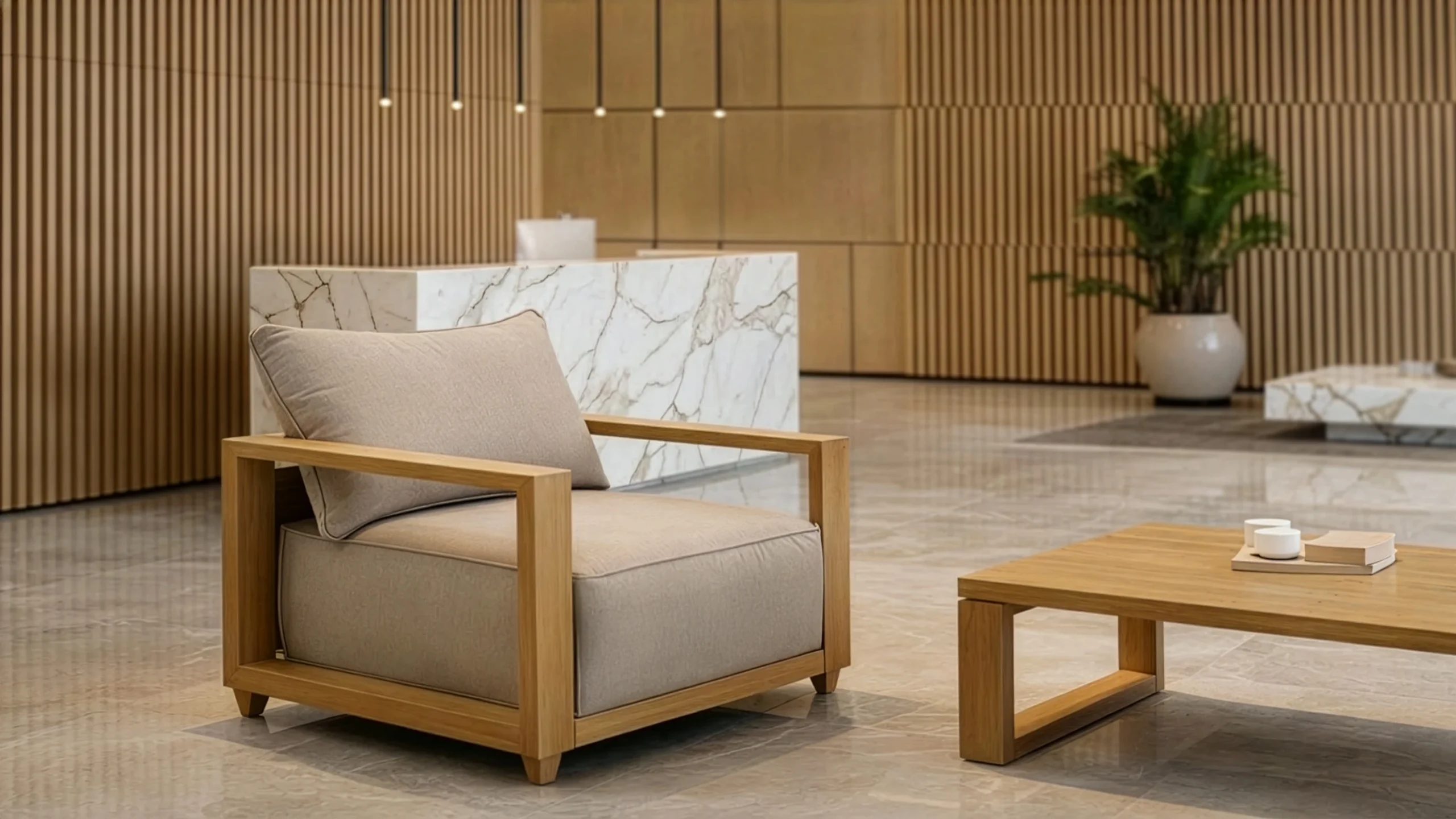 Reclaimed teak furniture from Nusantara Lifestyle in a modern hotel setting.