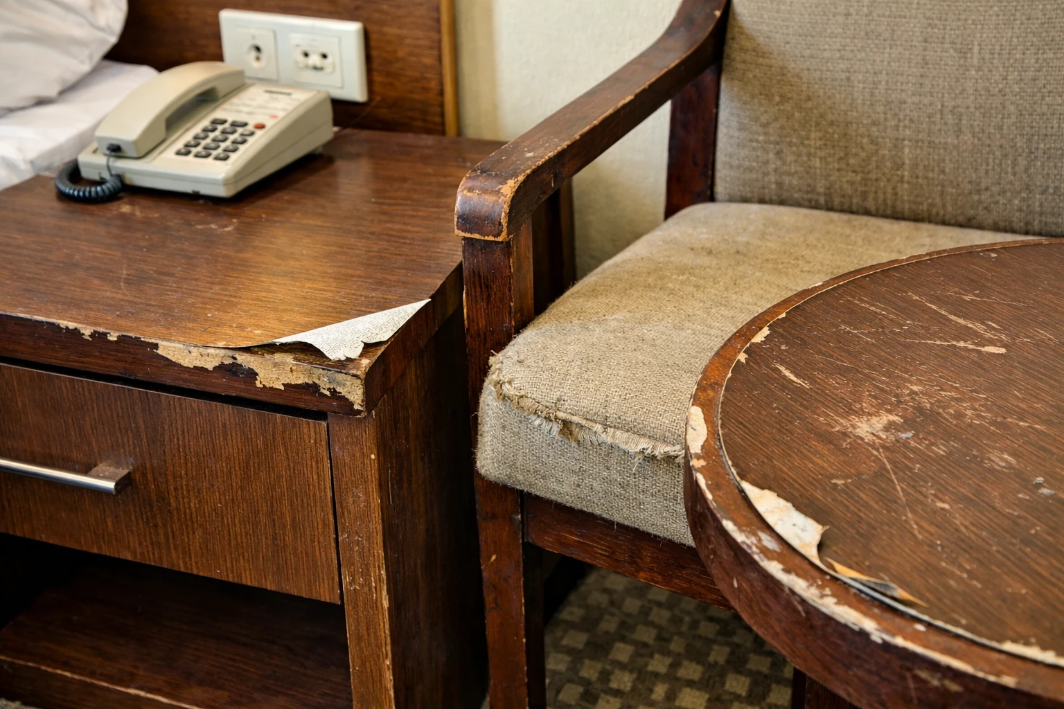 Worn mass-produced furniture commonly found in hotels and restaurants.