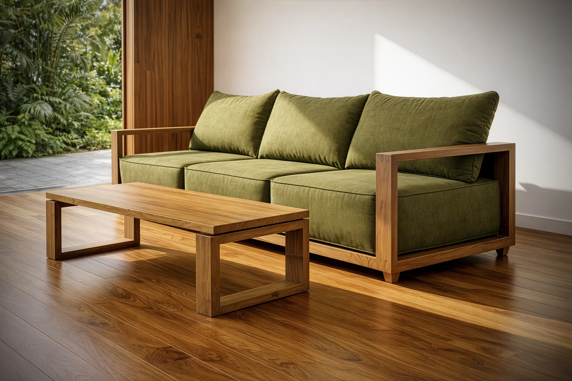 Interior space featuring Alami reclaimed teak furniture and flooring from Nusantara Lifestyle