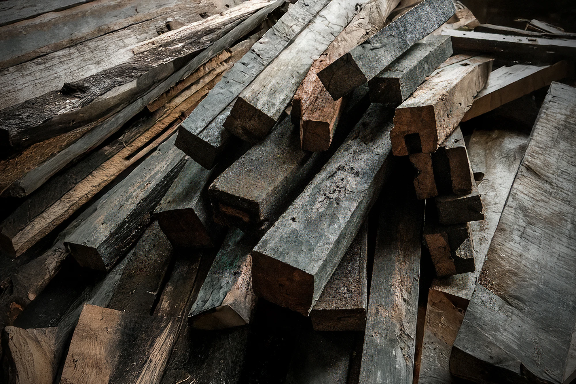 Reclaimed teak timber beams with natural grain and historic joinery marks salvaged by Nusantara Lifestyle