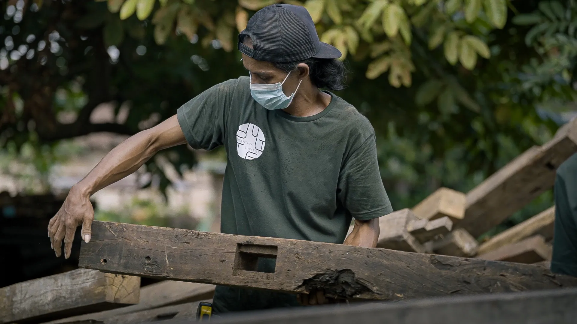 The Nusantara Lifestyle workshop showing reclaimed timber pieces, perfect for flooring in Australia and with underfloor heating in Europe.
