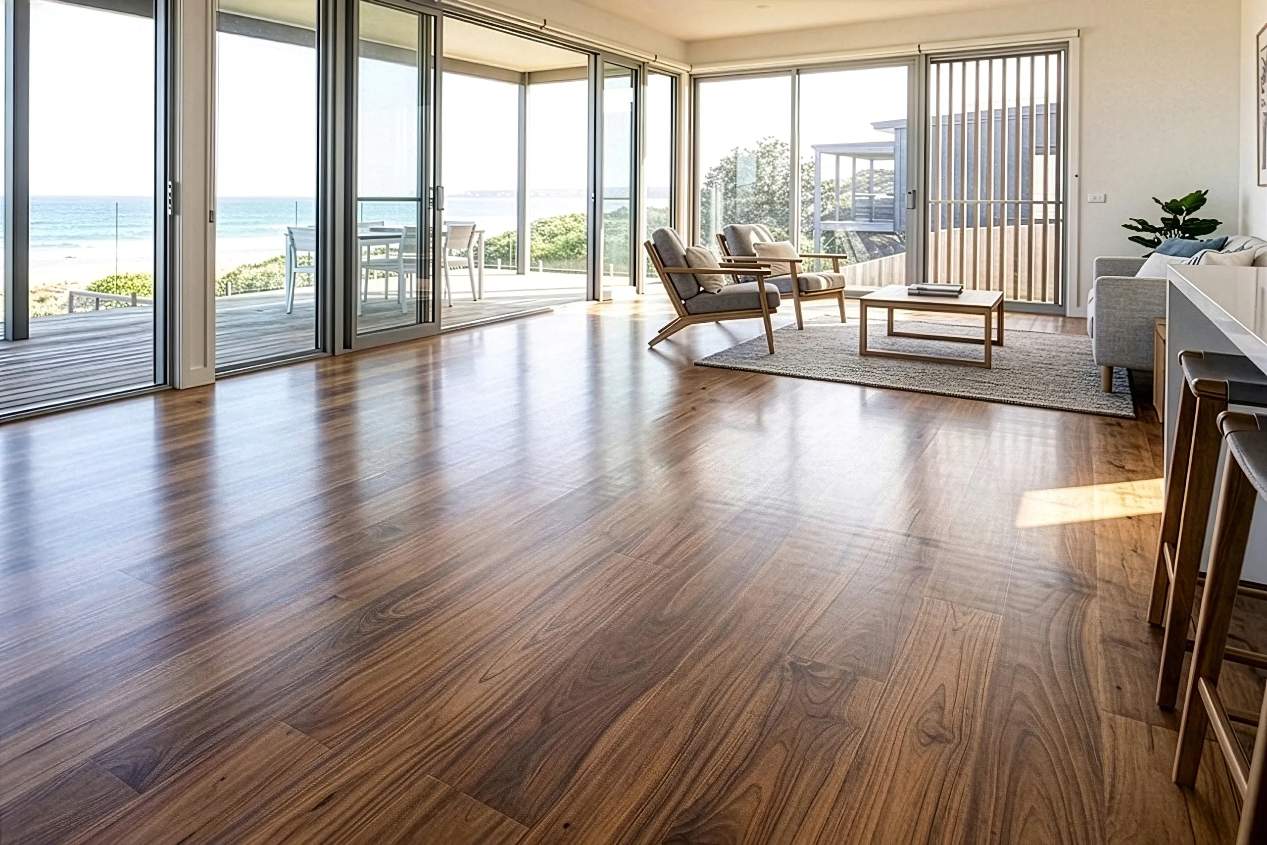 contemporary-australian-coastal-home-featuring-wide-plank-reclaimed-teak-flooring-and-large-glass-doors Solid reclaimed teak flooring in a modern Australian coastal living space is the perfect use of the timber salvaged and restored by Nusantara Lifestyle