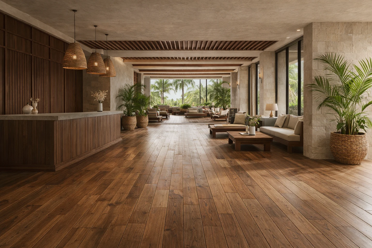 Reclaimed teak timber flooring from Nusantara Lifestyle used for flooring inside a Bali eco resort