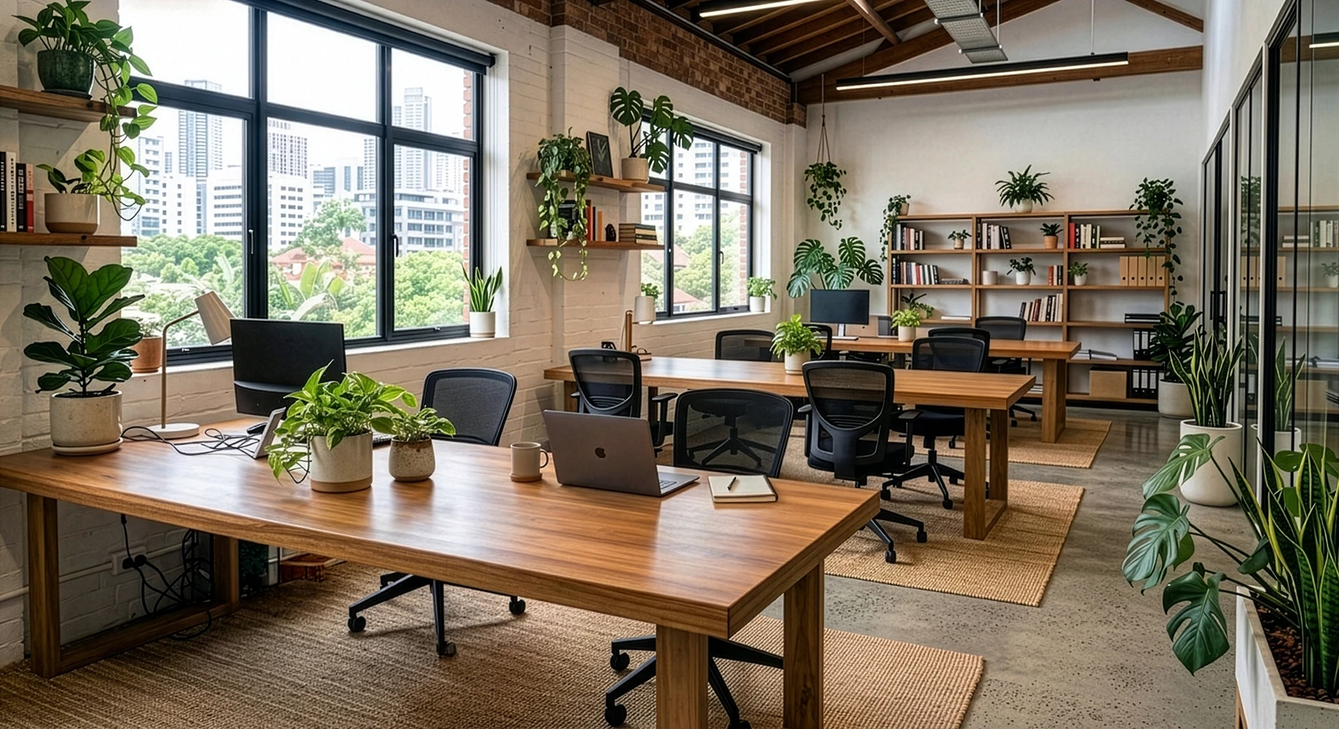 Reclaimed teak office desks and furniture from Nusantara Lifestyle in a modern workspace.