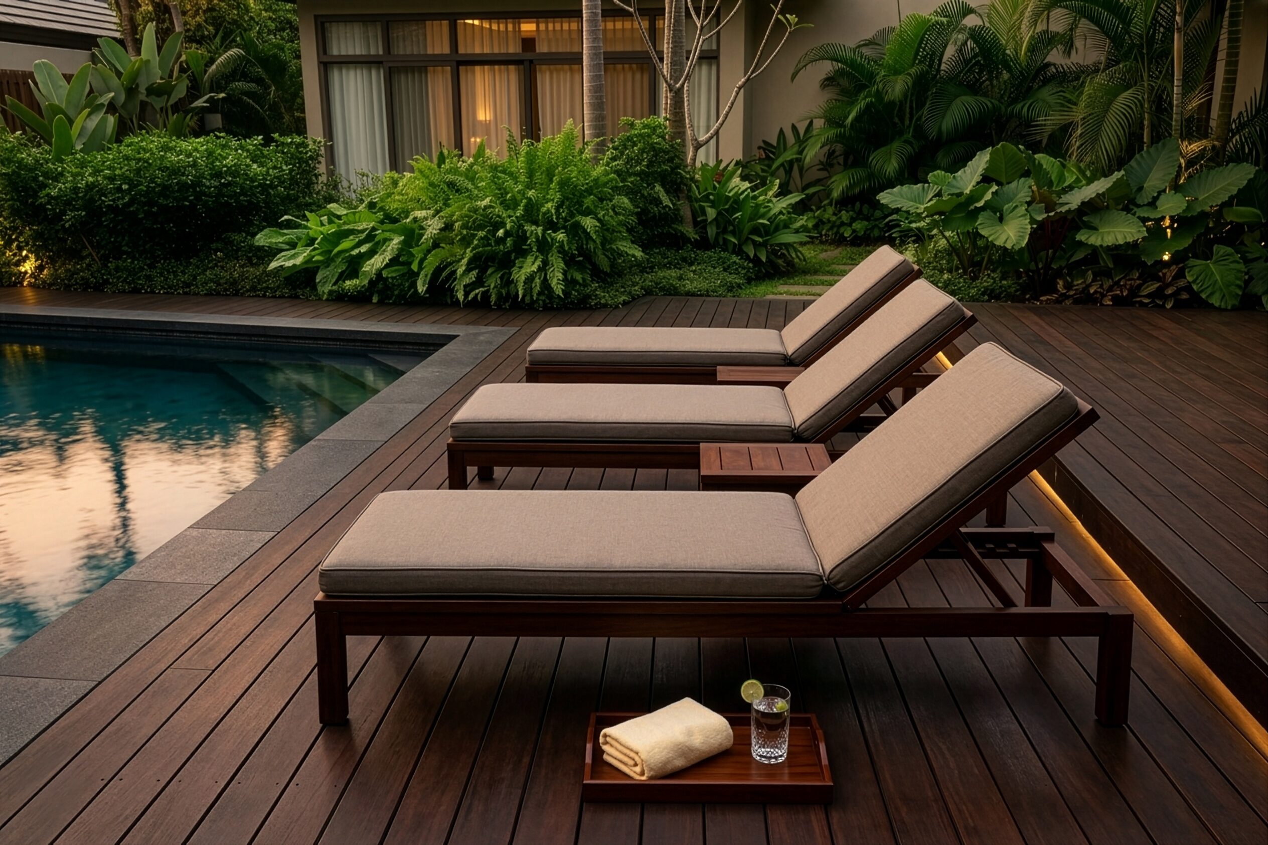 Commercial outdoor furniture made by Nusantara Lifestyle from reclaimed teak in a resort environment.