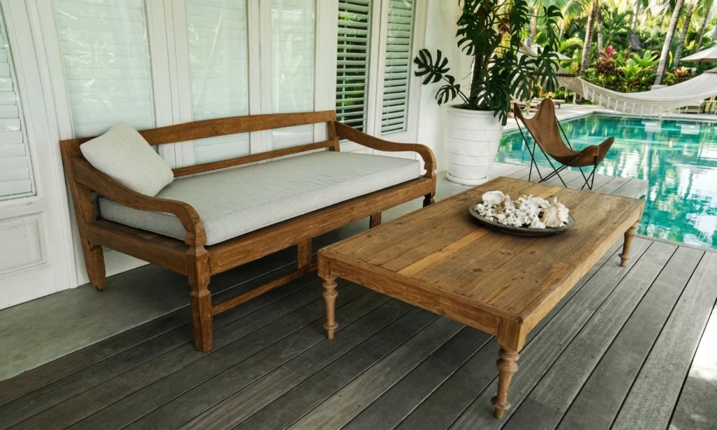 Outdoor day beds loungers made by Nusantara Lifestyle with cushions made from post-consumer recycled plastic.