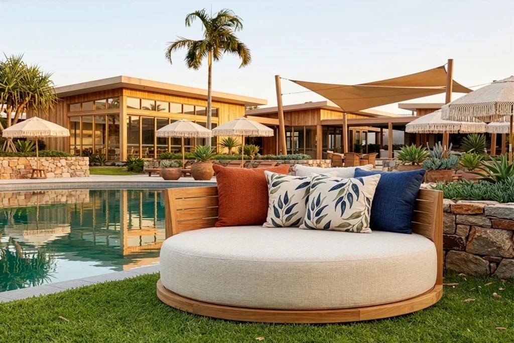 Reclaimed teak outdoor hotel furniture from Nusantara Lifestyle in Australian coastal environment showing durability.